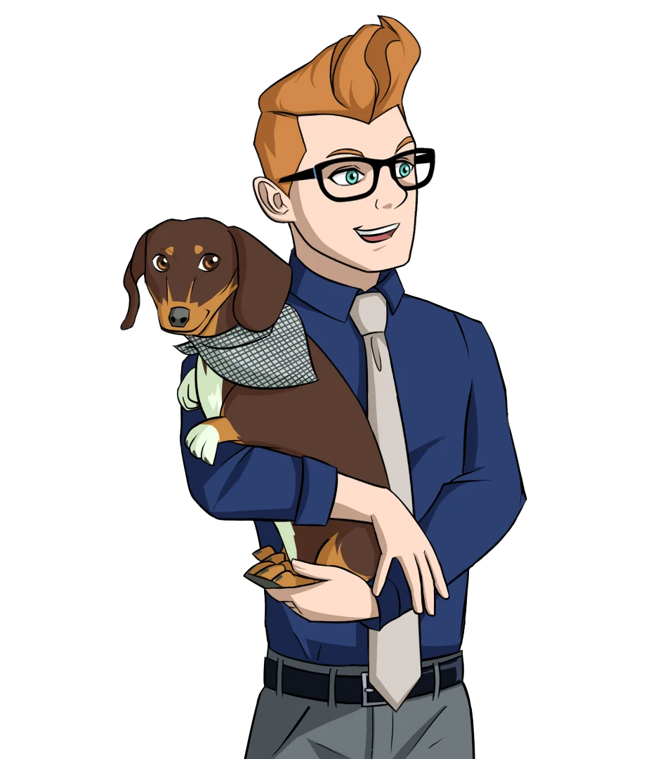 Illustration of Trent holding his dachshund, Marcel