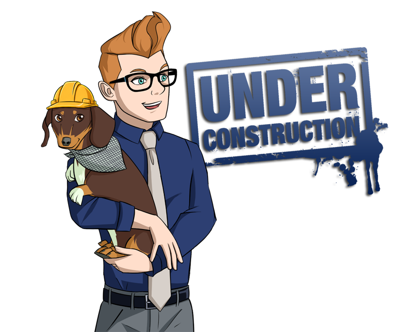 Illustration of Trent holding Marcel beside an Under Construction sign